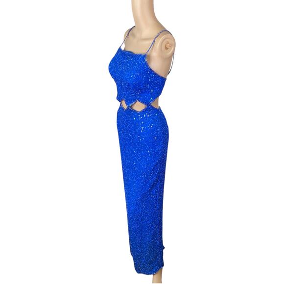 SCALA Vtg Iconic Blue Heavily Beaded Sequin Cut Out Maxi Gown Dress SZ XS - Picture 5 of 9